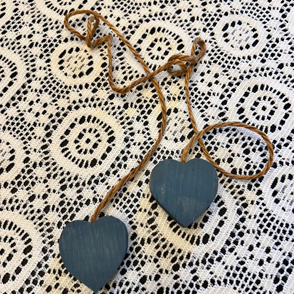 Vintage Blue Wooden Hearts On Jute Cord | Cottage